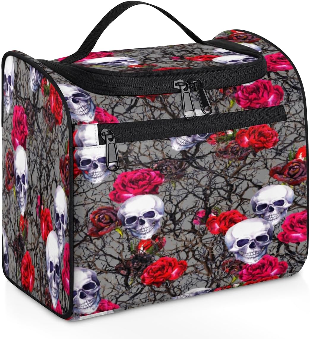Sugar Skulls Halloween Decor Toiletry Bag for Women Travel Makeup Organizer with Hanging Hook Traveling Cosmetic Bags for Toiletries Accessories