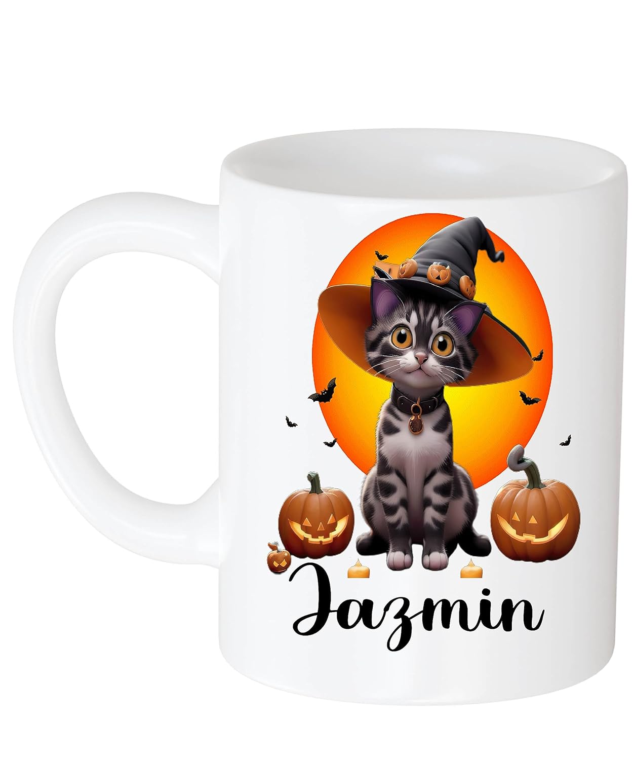 Personalized Halloween Name Love Jazmin Personalized Halloween Cat Mug with Name, Personalized Gift, Names, 11 Oz Halloween Mug, Ceramic 11oz White