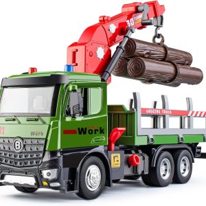 Camión maderero de madera con cabina de metal de juguete, camión de troncos accionado por fricción con grúa de carga completamente funcional y 3 Camión maderero de madera con cabina de metal de juguete, camión de troncos accionado por fricción con grúa de carga completamente funcional y 3