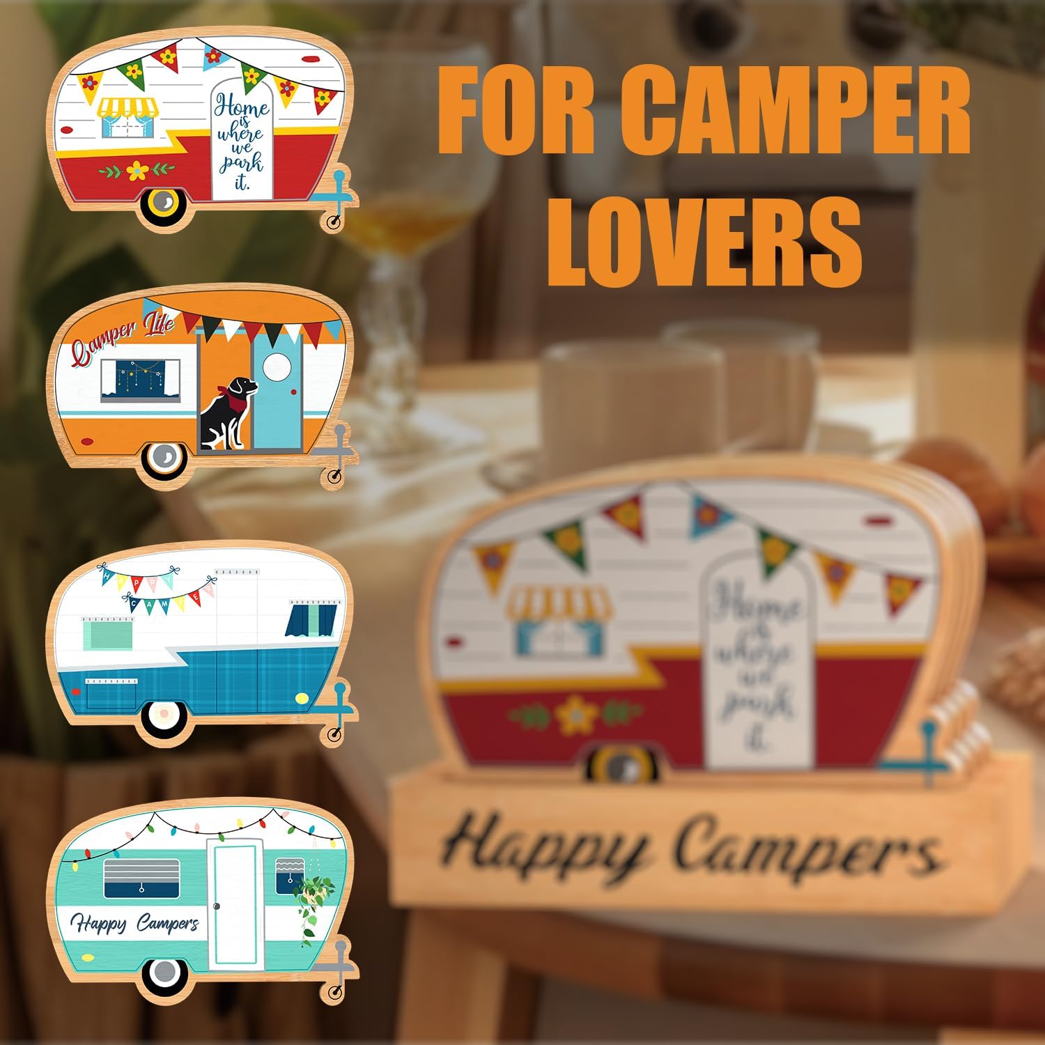 Juego de 4 posavasos de bambú Happy Camper con soporte, regalos de campamento para amantes de los campistas, mujeres y hombres, adecuados para tipos