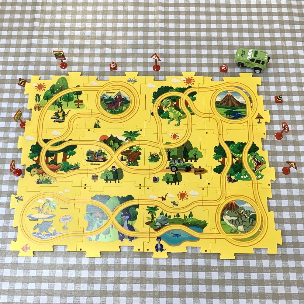 PowerTRC Rompecabezas de coche de ferrocarril de plástico con un camión y señales de carretera  Montessori educativo imaginativo rompecabezas de