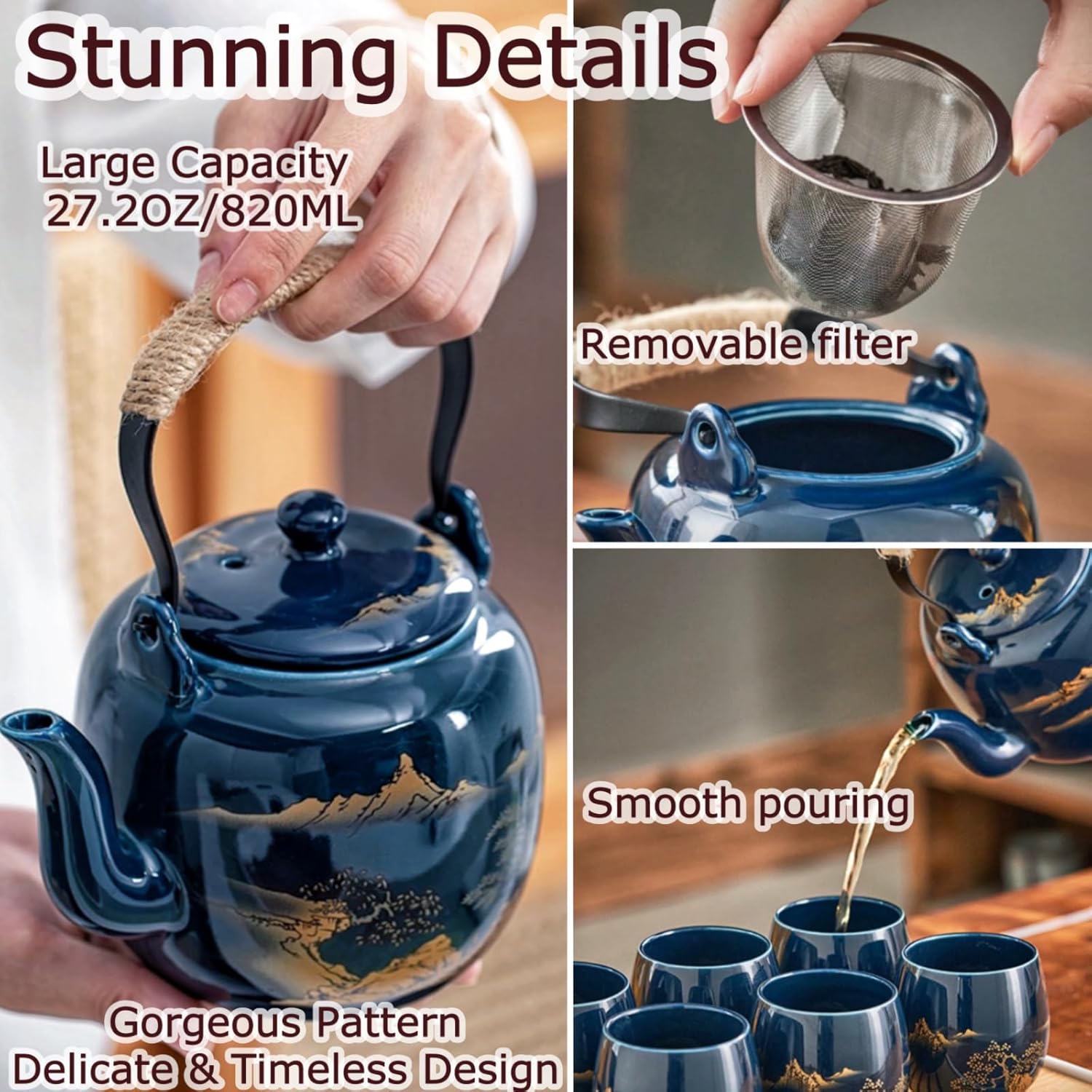 Juego de té japonés tradicional, chinoasiático para 6 adultos, bonito juego de té con bandeja e infusor, tetera de porcelana y tazas de té, tetera
