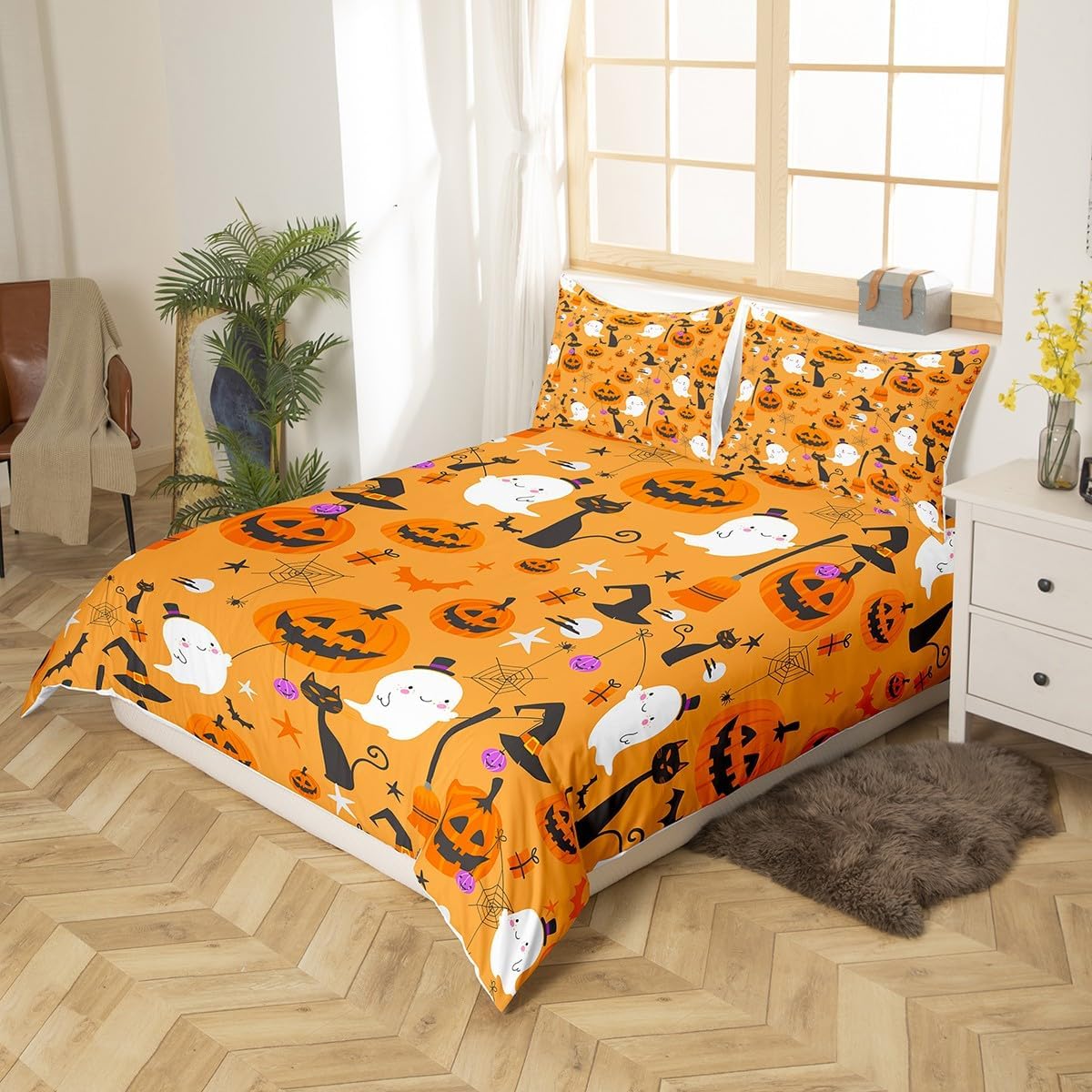 Feelyou Juego de funda de edredón de Halloween, tamaño Queen con 2 fundas de almohada, decoración de Halloween, juego de ropa de cama de fantasma,