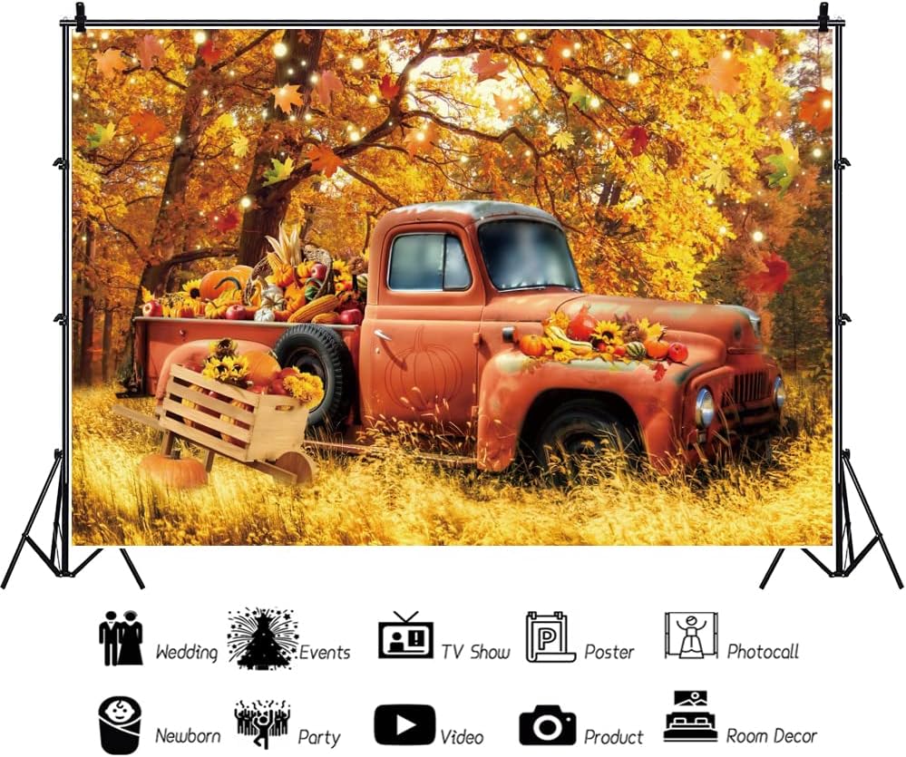 Telón de fondo de vinilo de 10 x 8 pies con diseño de camión rojo de bosque de otoño, calabaza, girasol, cosecha, fondo de fotografía, hojas de