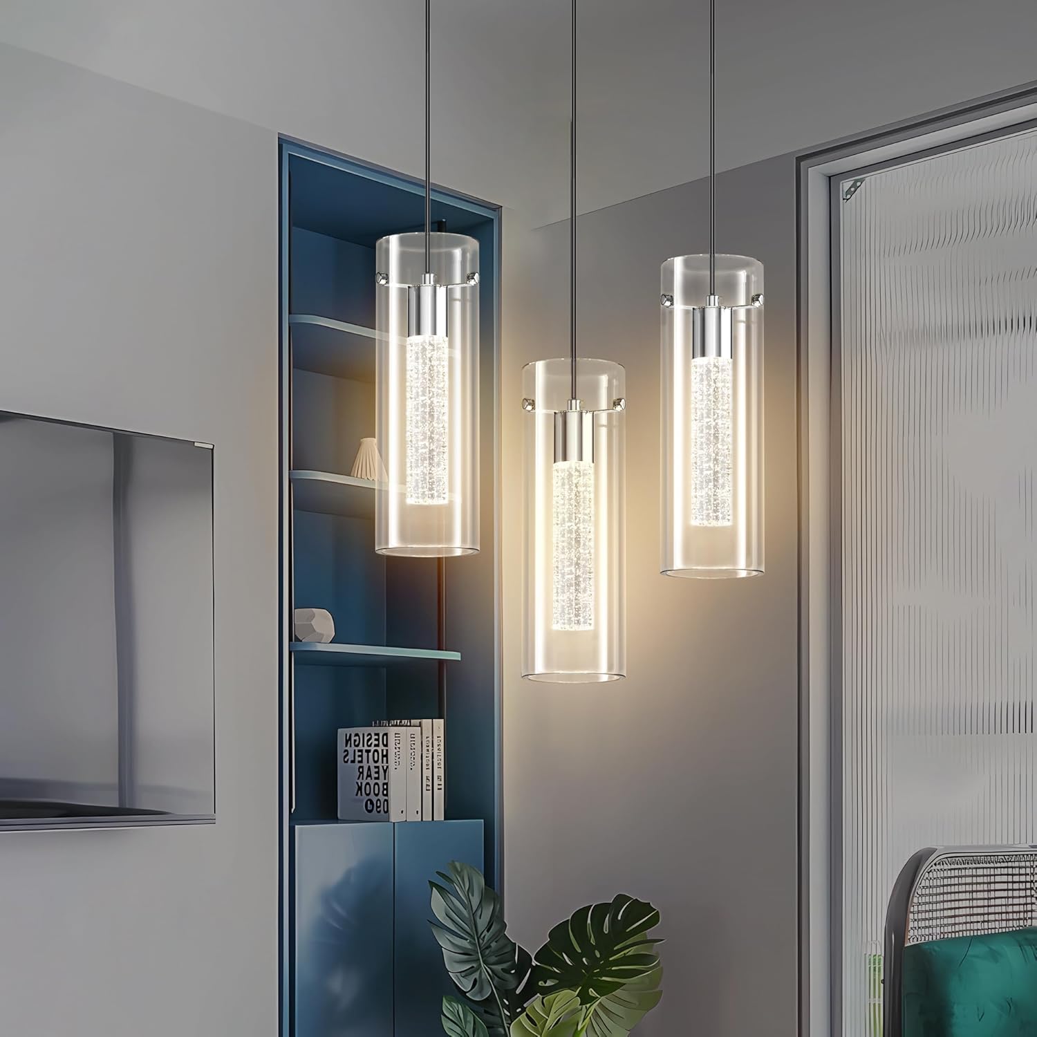 Aipsun Luces colgantes para isla de cocina, paquete de 3 lámparas colgantes de cristal con burbujas de cristal, 3000 K, lámpara LED moderna para