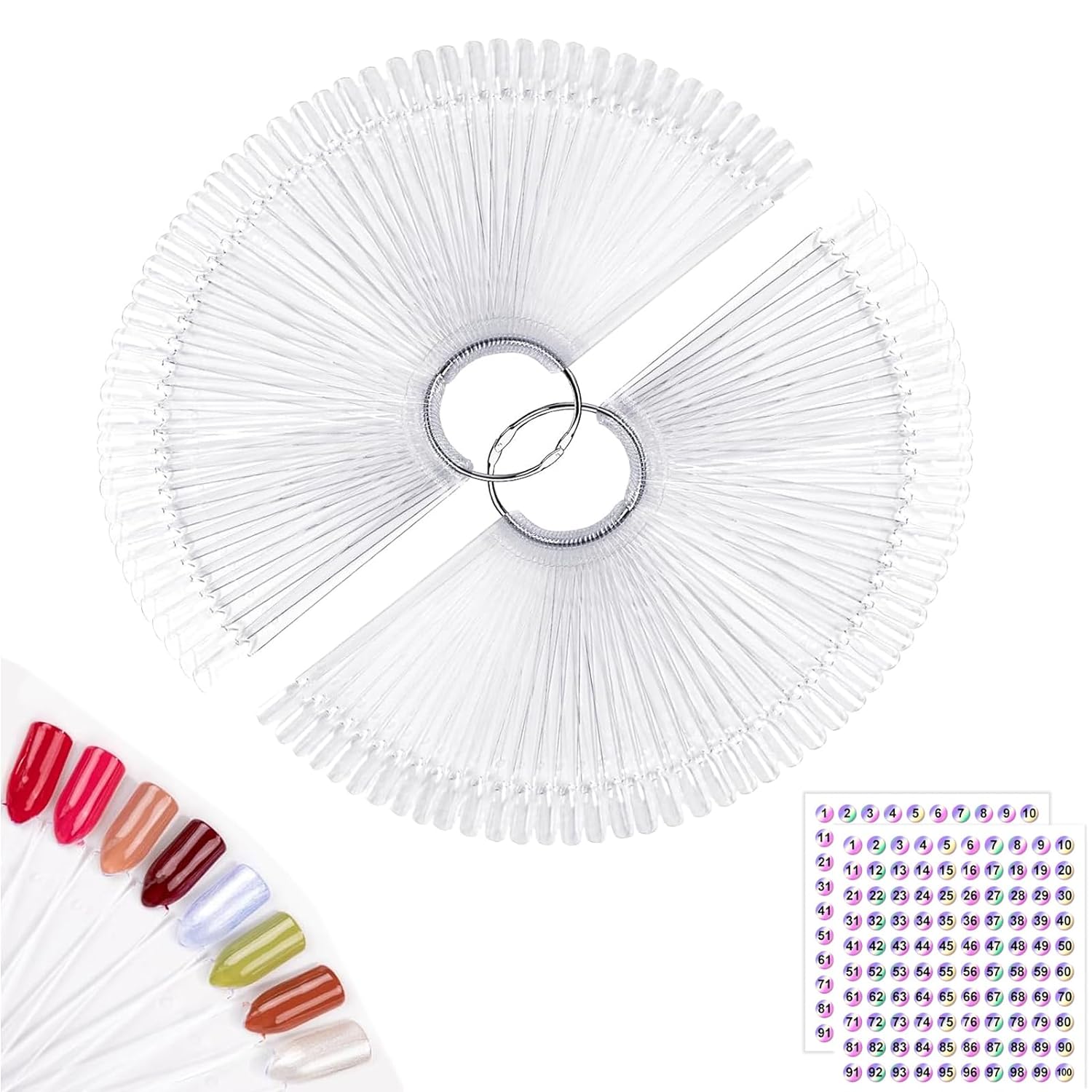 100pcs Fan-Shaped falso falso Nail Art Tips Sticks polaco Gel Salon Display Práctica Herramientas con metal Anillo de Split Holder (Clear)