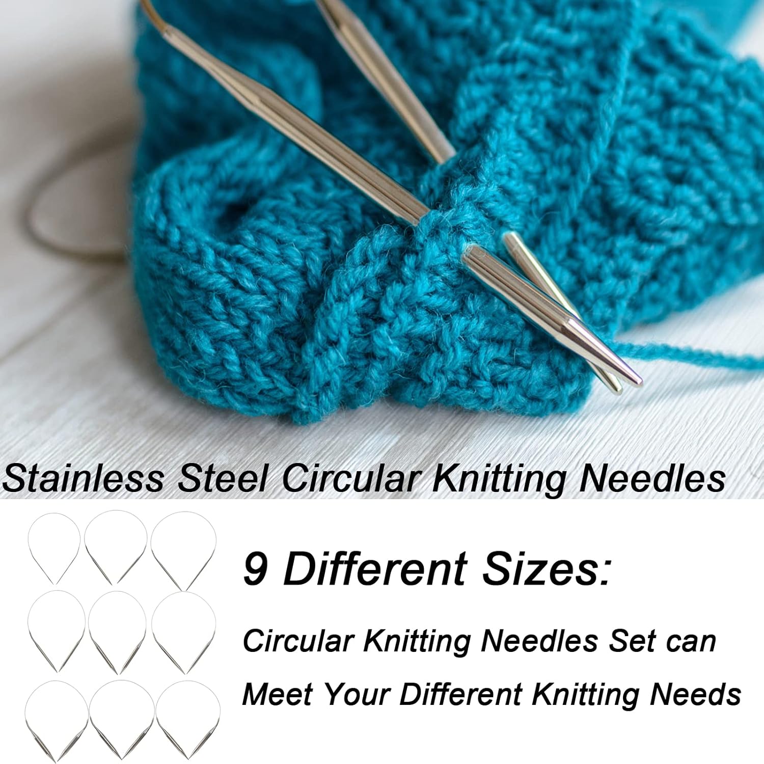 9 Pieces Size Marked US 0-15 Circular Knitting Needles Stainless Steel Knitting Needles Set for Beginner (16 Inch)