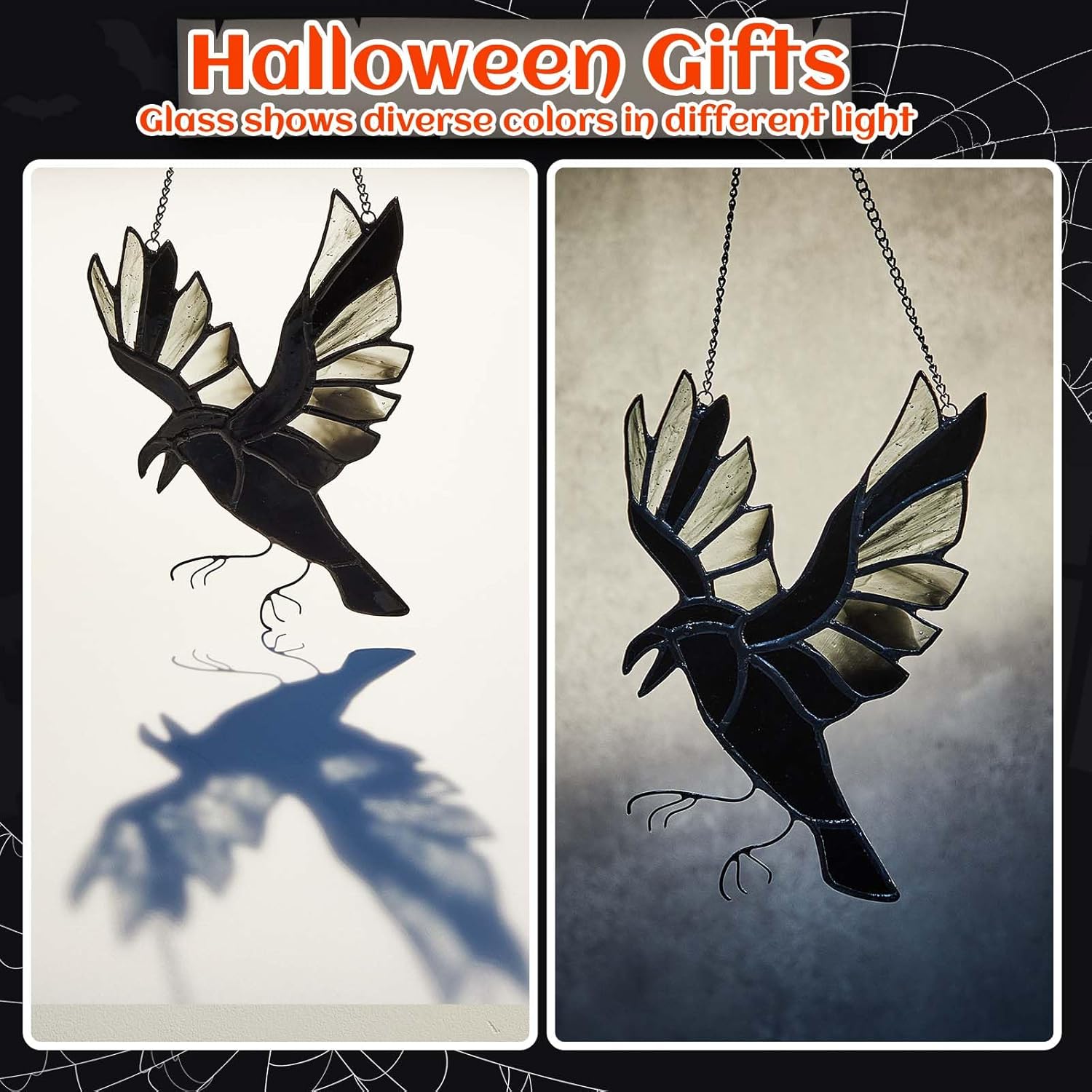 Soaoo 3 piezas de vidrieras de Halloween para colgar en la ventana de murciélagos, decoración de Halloween, decoración de cuervo colgante de