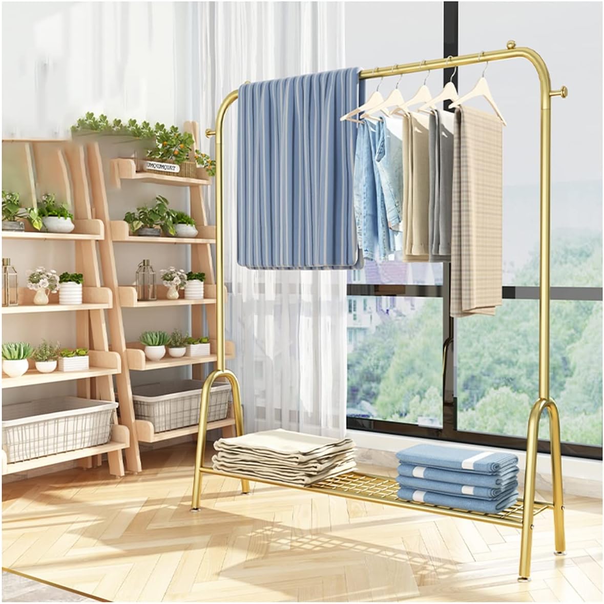 Perchero dorado para ropa de metal con estantes, perchero con estantes para zapatos, ganchos para sombreros, organizador de guardarropa para