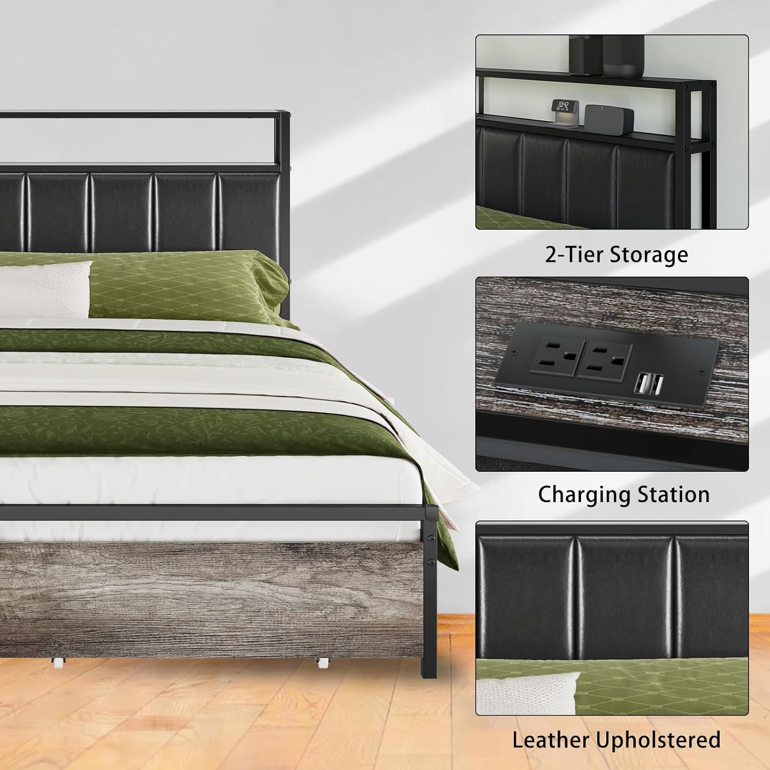 AMERLIFE Base de cama LED con cajones, base de cama de plataforma Queen con almacenamiento de 2 niveles y cabecera tapizada de cuero y estación de
