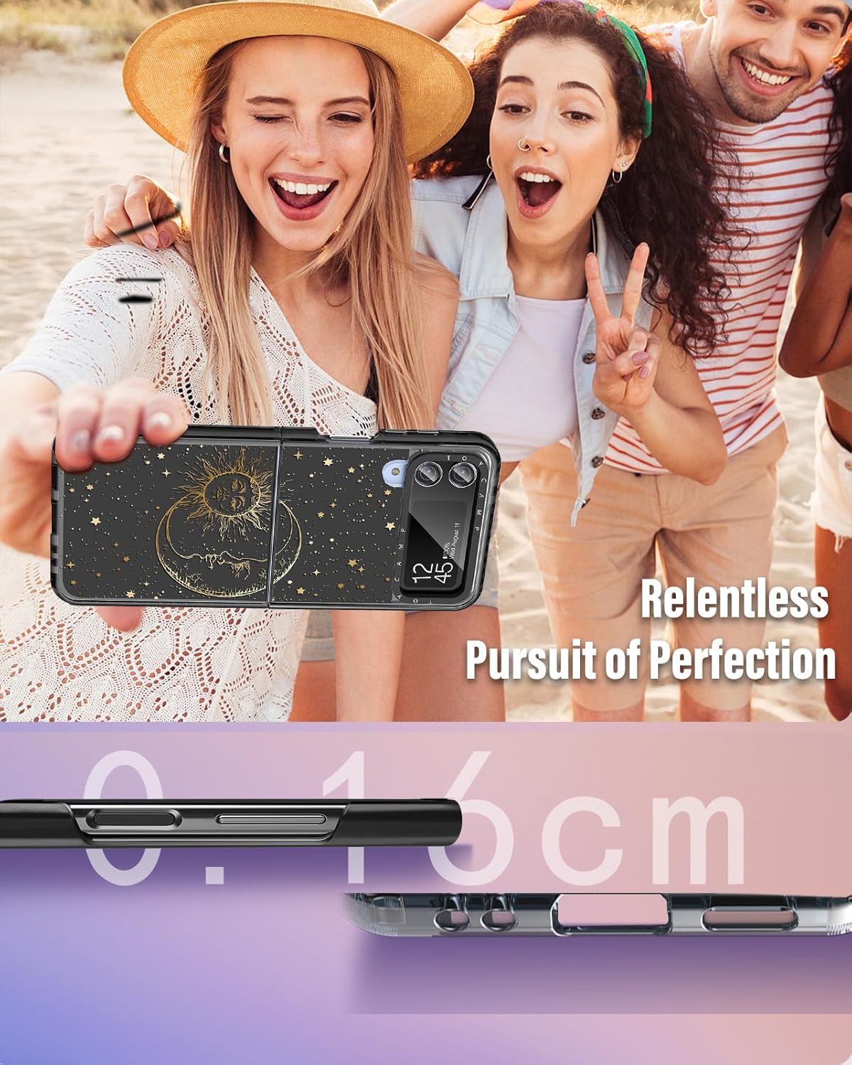 Toycamp Funda para Samsung Galaxy Z Flip 4 con soporte para anillo, bonita y divertida funda de diseño de estrellas de sol y luna de bruja, a prueba