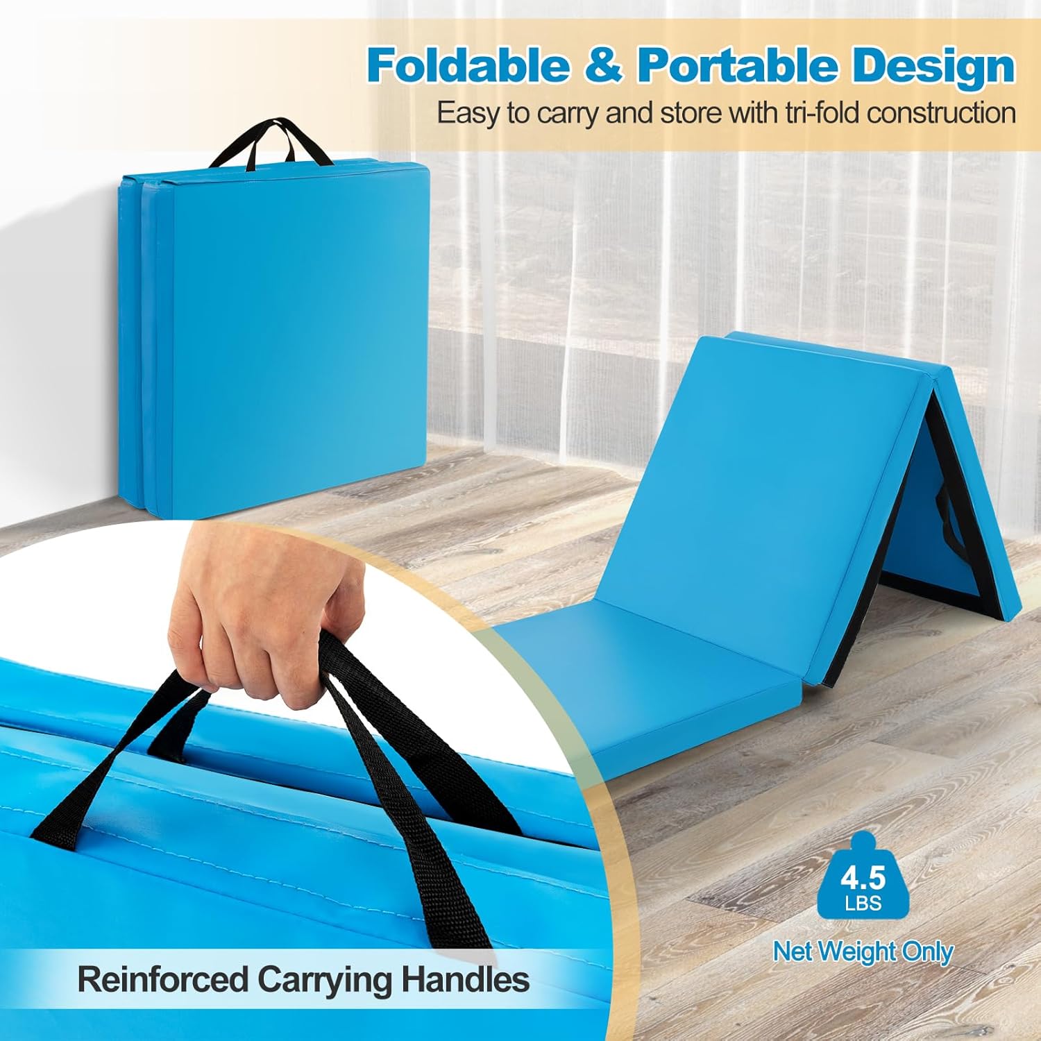 Goplus Esterilla de gimnasia plegable, de 6 x 2 x 2 pulgadas de grosor, de tres pliegues, con asas de transporte, cierre de velcro, esterillas de