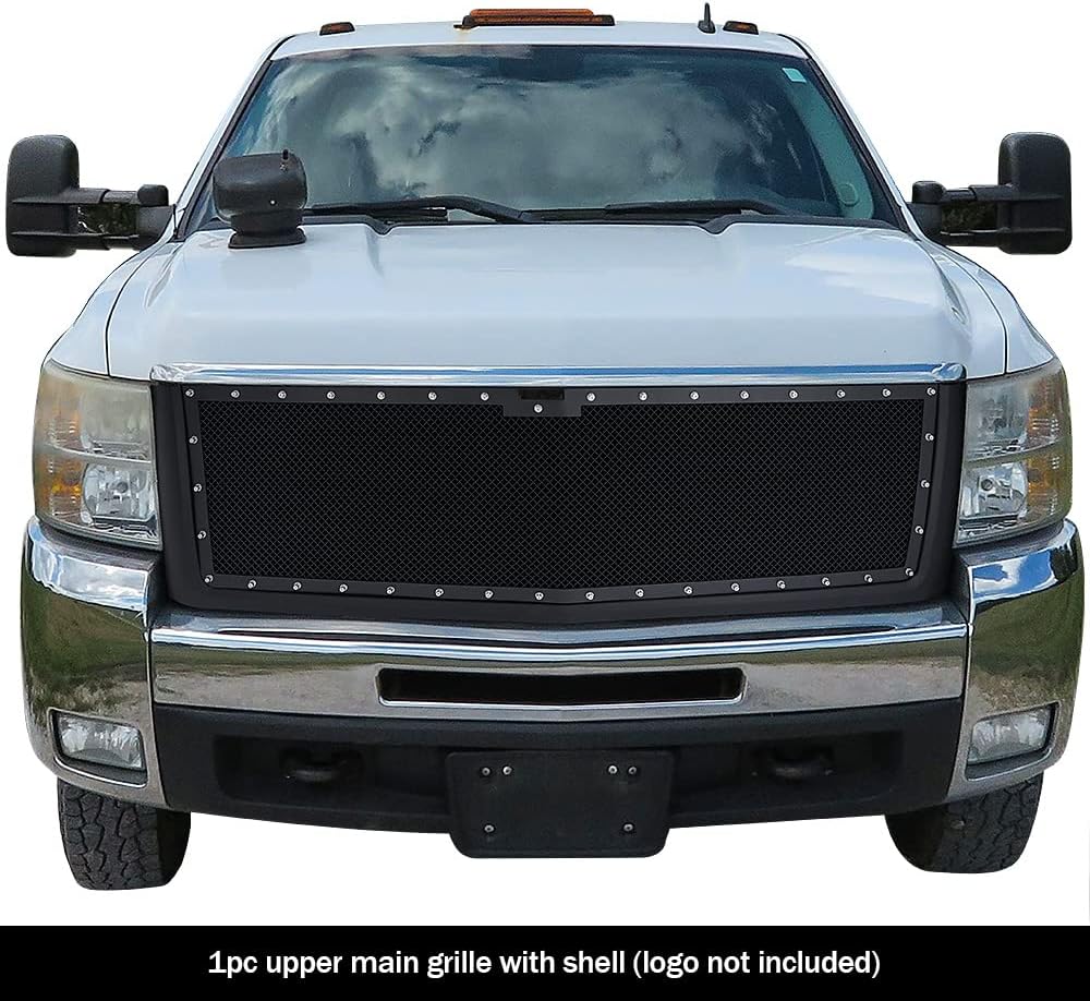 APS Compatible con Chevy Silverado 3500HD 2500HD 2007-2010 rejilla de malla con remache negro superior principal de acero inoxidable con carcasa
