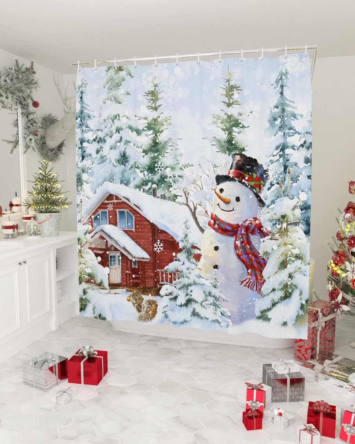 Winter Christmas Shower Curtain, Country Snowman Squirrel Waterproof Washable Boho Funny Cute Shower Curtains Set for Bathroom Farmhouse Bathtubs