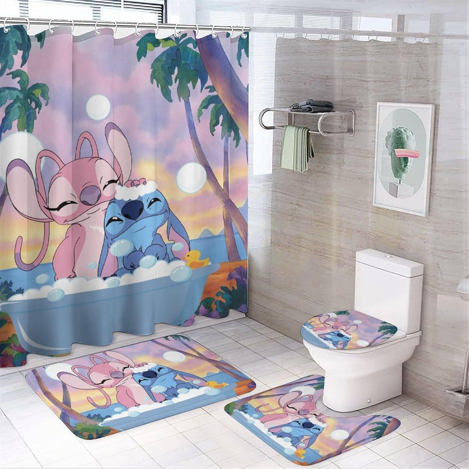 Juego de 4 cortinas de ducha de dibujos animados con alfombras antideslizantes, cubierta para tapa de inodoro y cortina de tapete de baño para