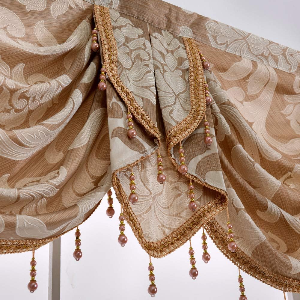NAPEARL Cenefa de cascada para ventanas, cenefa de damasco para sala de estar con cuentas, cenefa de cortina jacquard para ventanas (1 cenefa beige,
