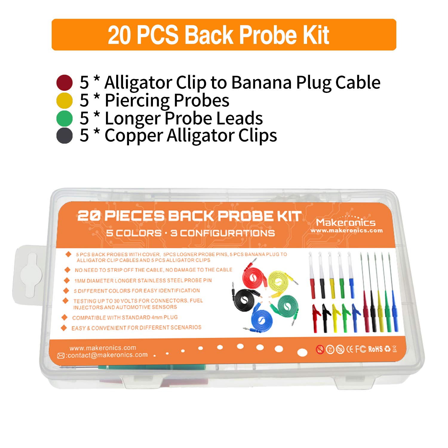 Kit de sonda trasera de 24 piezas, 5 perforadores de alambre con tapa, 5 pines de sonda trasera larga, 5 cables de prueba de circuito de clip de