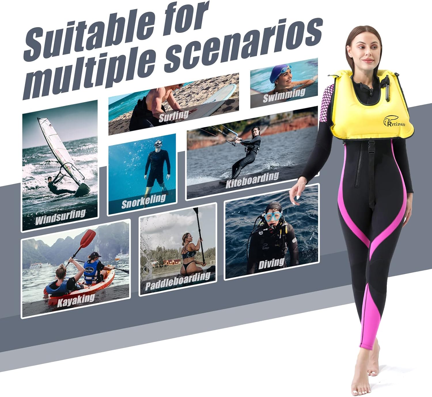 Rrtizan Chaleco de esnórquel, chaleco inflable portátil para adultos, chaleco de natación para hombres y mujeres