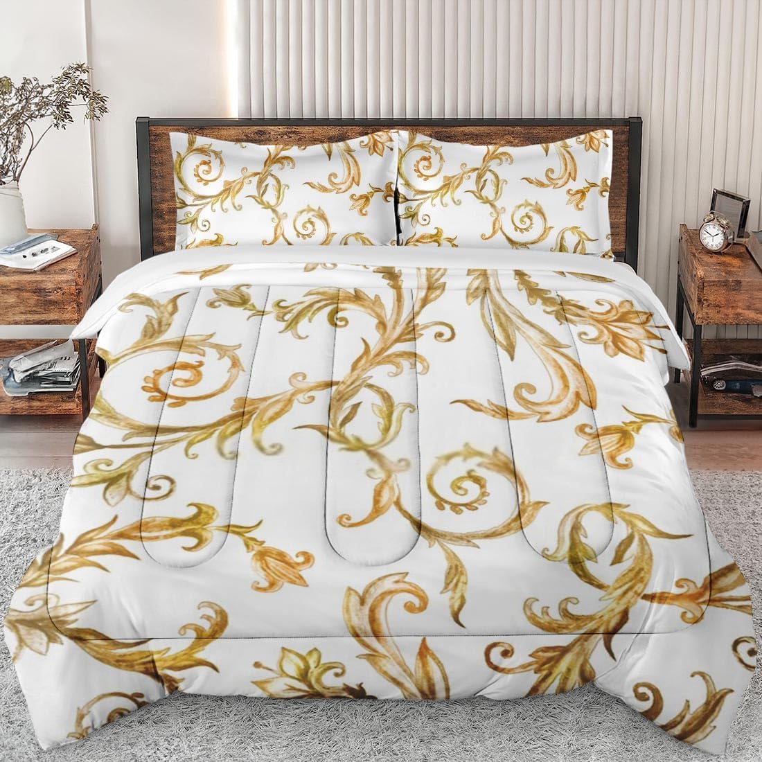 Juego de edredón tamaño King, edredón suave floral vintage dorado real para niños y adultos, juego de ropa de cama de lirio medieval de tulipanes
