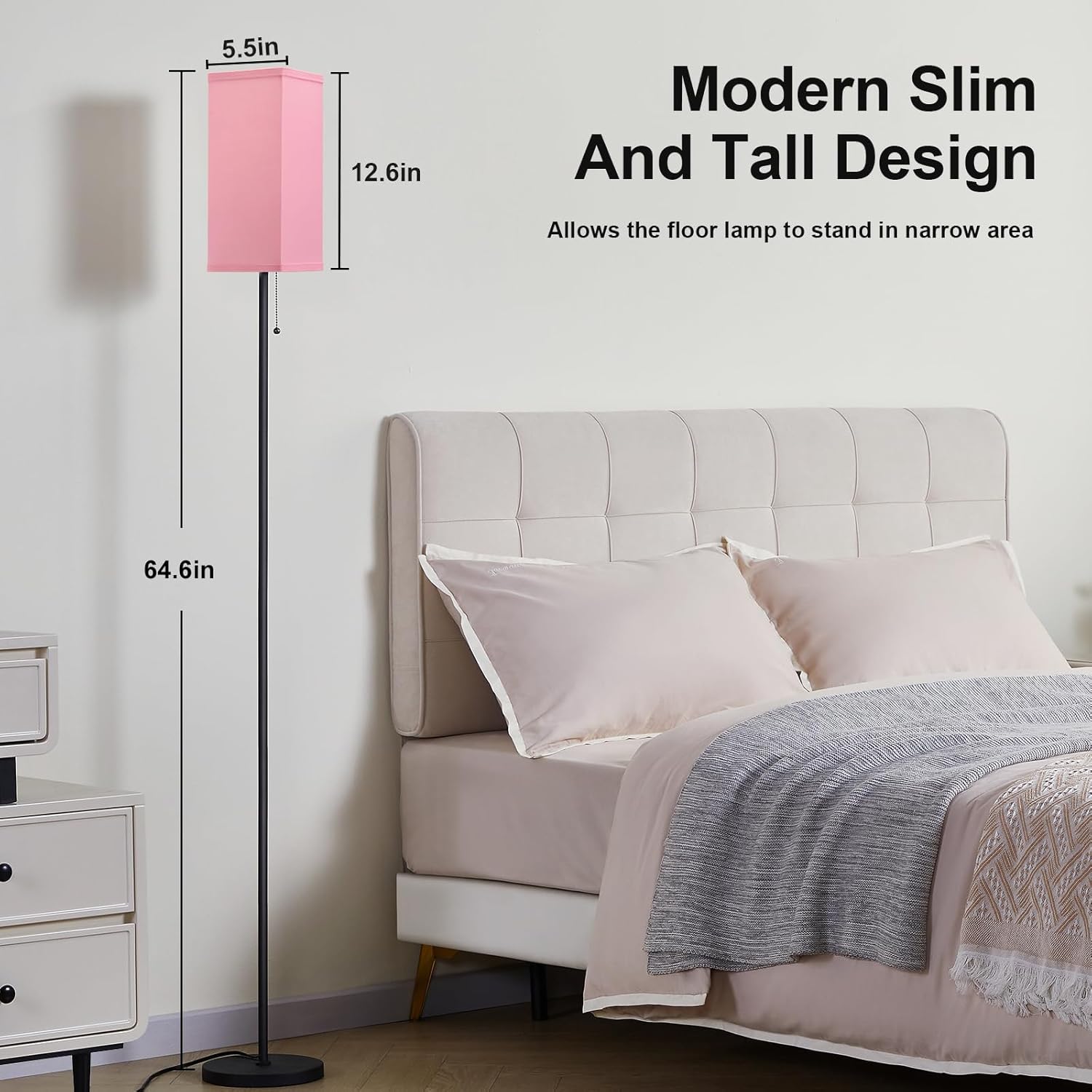 Lámparas de pie rosas modernas para dormitorio, lámparas de pie de temperatura de 3 colores con interruptor de cadena de tracción, lámpara alta para