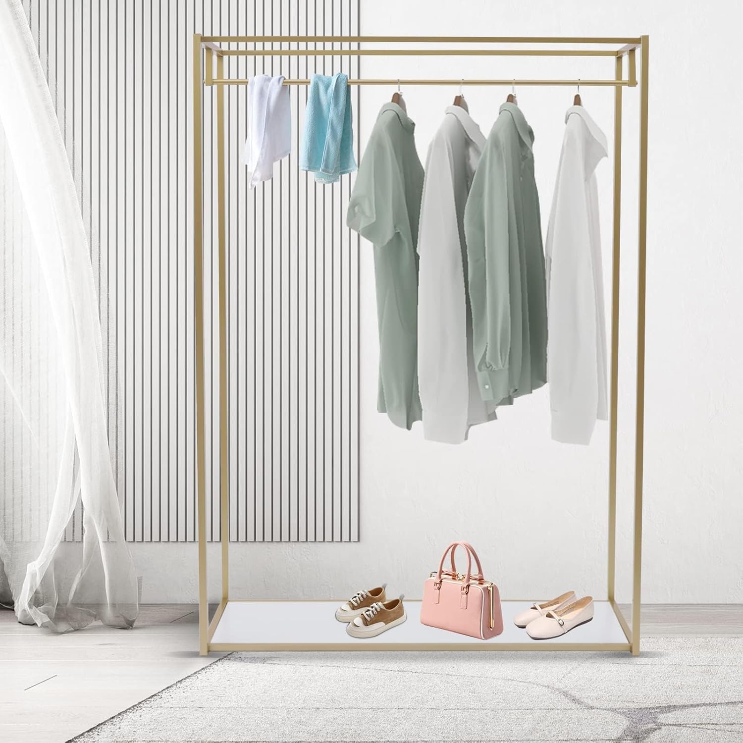 Percheros dorados de 67 pulgadas para boutiques, estante para vestidos de novia al por menor, estante de ropa comercial resistente, estantes de