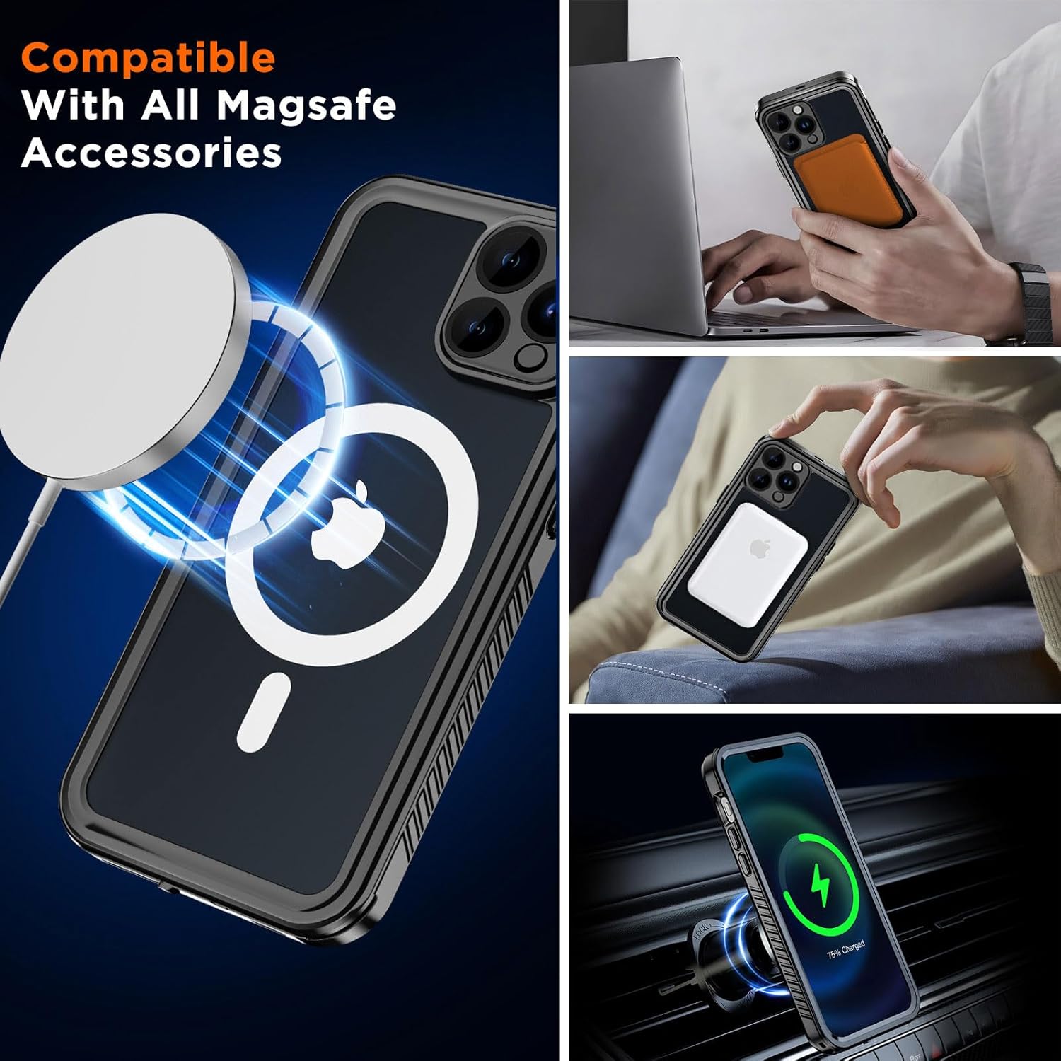 Funda magnética para iPhone 15 Pro impermeable con protector de pantalla integrado, compatible con MagSafe a prueba de golpes, a prueba de polvo,