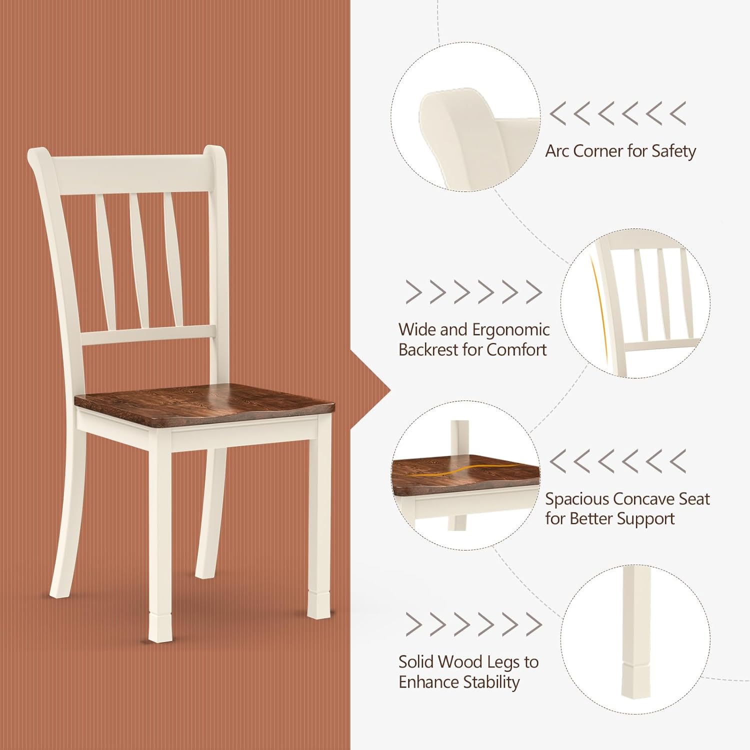 POWERSTONE Juego de 2 sillas de comedor, sillas de comedor de madera con asiento en forma de W, sillas de cocina para cocina y comedor (blanco)