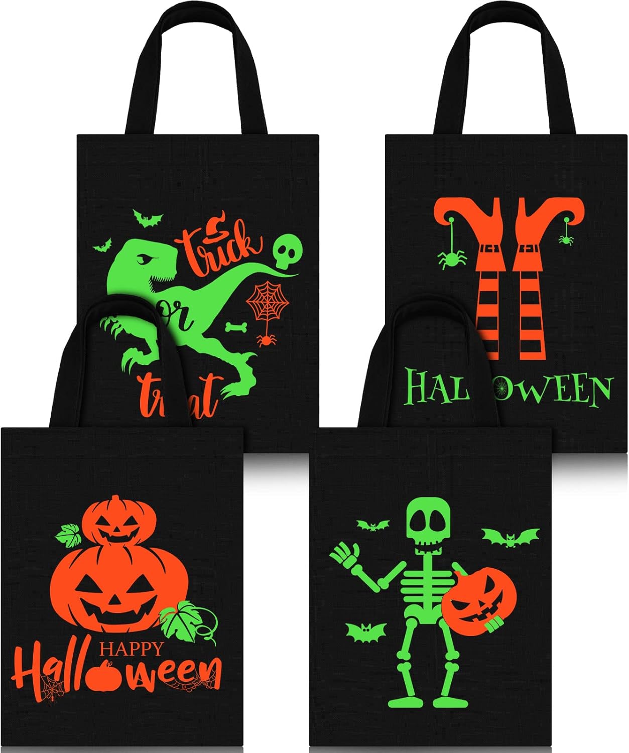 Chunful 4 bolsas de Halloween para dulce o truco, bolsas luminosas de lona para dulces de Halloween, grandes que brillan en la oscuridad, para