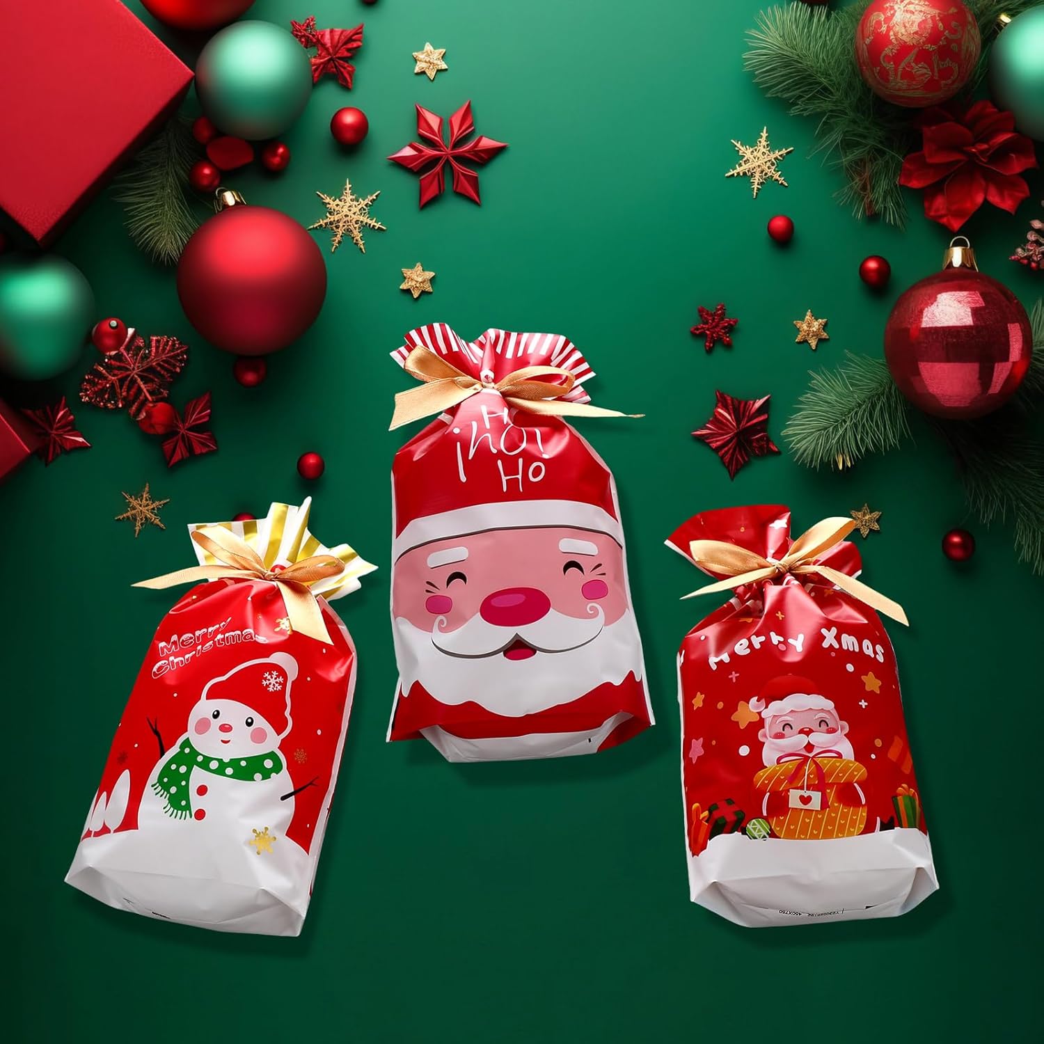 108 bolsas de dulces de Navidad a granel, bolsas de regalo de Navidad con cordón de regalo, bolsas de plástico para regalo de Navidad, bolsas de