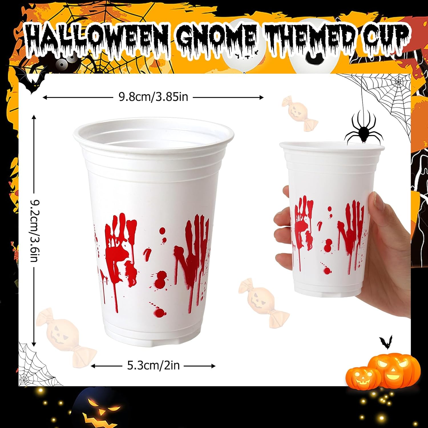HENILEW 50 vasos de plástico desechables de Halloween, 10 onzas, taza de fiesta con estampado de mano sangrienta, vasos de fiesta para niños, tazas
