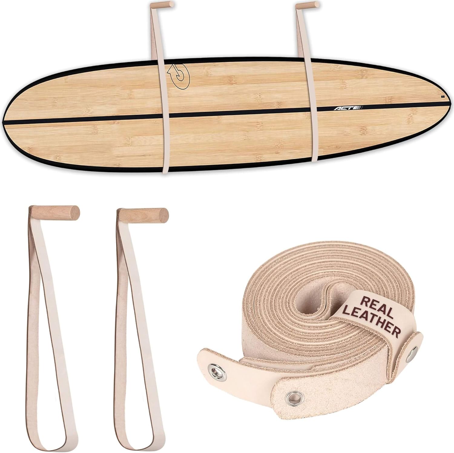 ‘ Soporte de pared para tabla de surf, snowboard, longboard, wakeboard, roble sostenible y estante de cuero, el soporte perfecto para mostrar tus