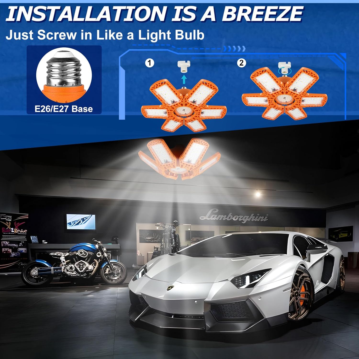 Luz de garaje de 185 W, luz LED naranja de 18500 lm con 6+1 paneles deformables, luces LED de techo de garaje compatibles con base E26E27 para