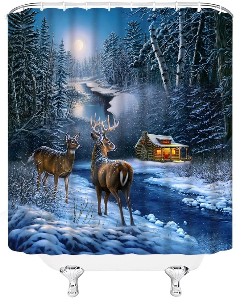 ABONAN Cortina de ducha de ciervos de Navidad, bosque nevado, ciervos, granja, reno de Navidad, naturaleza, paisaje nevado, juego de cortinas de