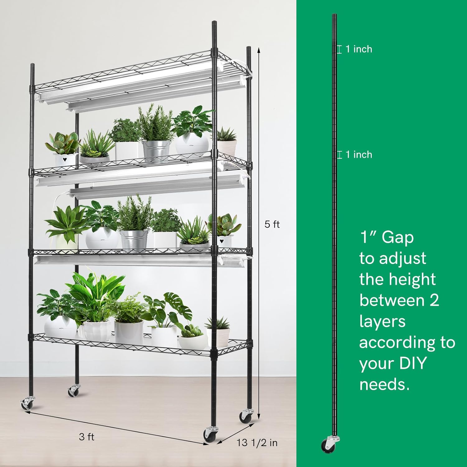 BreeRainz Estante para plantas con luces de crecimiento, soporte de metal de 4 niveles con capacidad de 90 libras para cada estante, longitud de