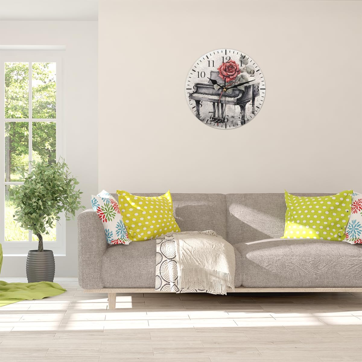 Reloj de pared de piano vintage, silencioso sin tictac, música de rosas, reloj analógico, funciona con pilas, decorativo para sala de estar,