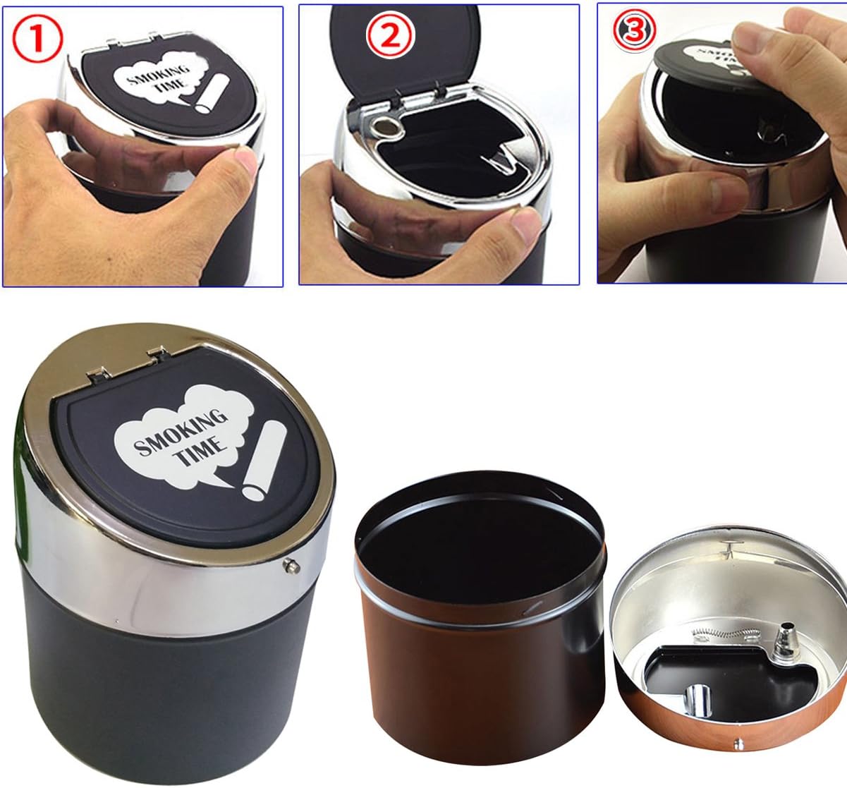Ceniceros de acero de metal sin humo para cigarrillos con tapa de empuje de acero inoxidable cubierta, cubo portátil a prueba de viento para mesa