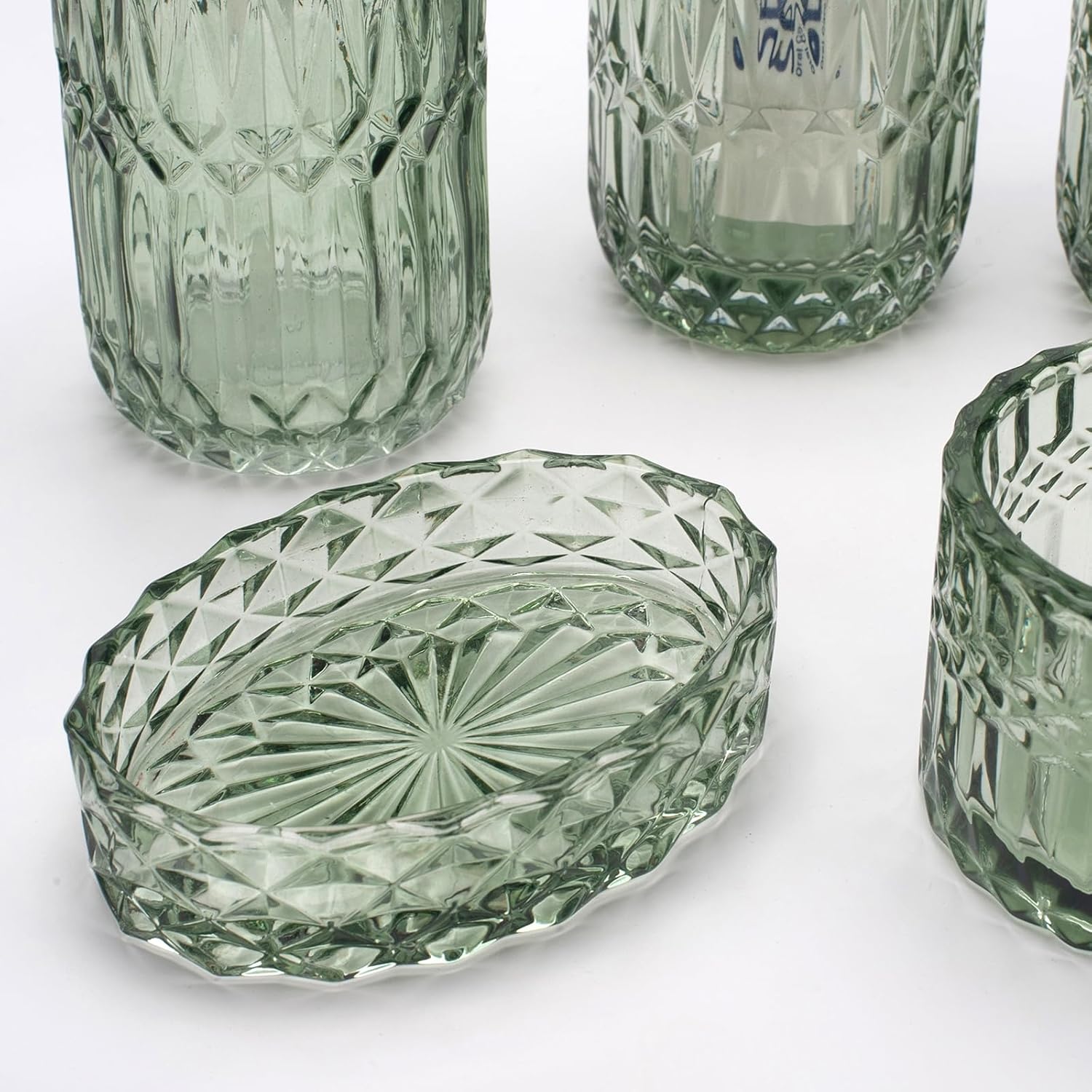 Juego de 5 accesorios de baño de vidrio verde para baño, dispensador de loción, jabonera, soporte para cepillos de dientes, vaso, frascos de hisopos
