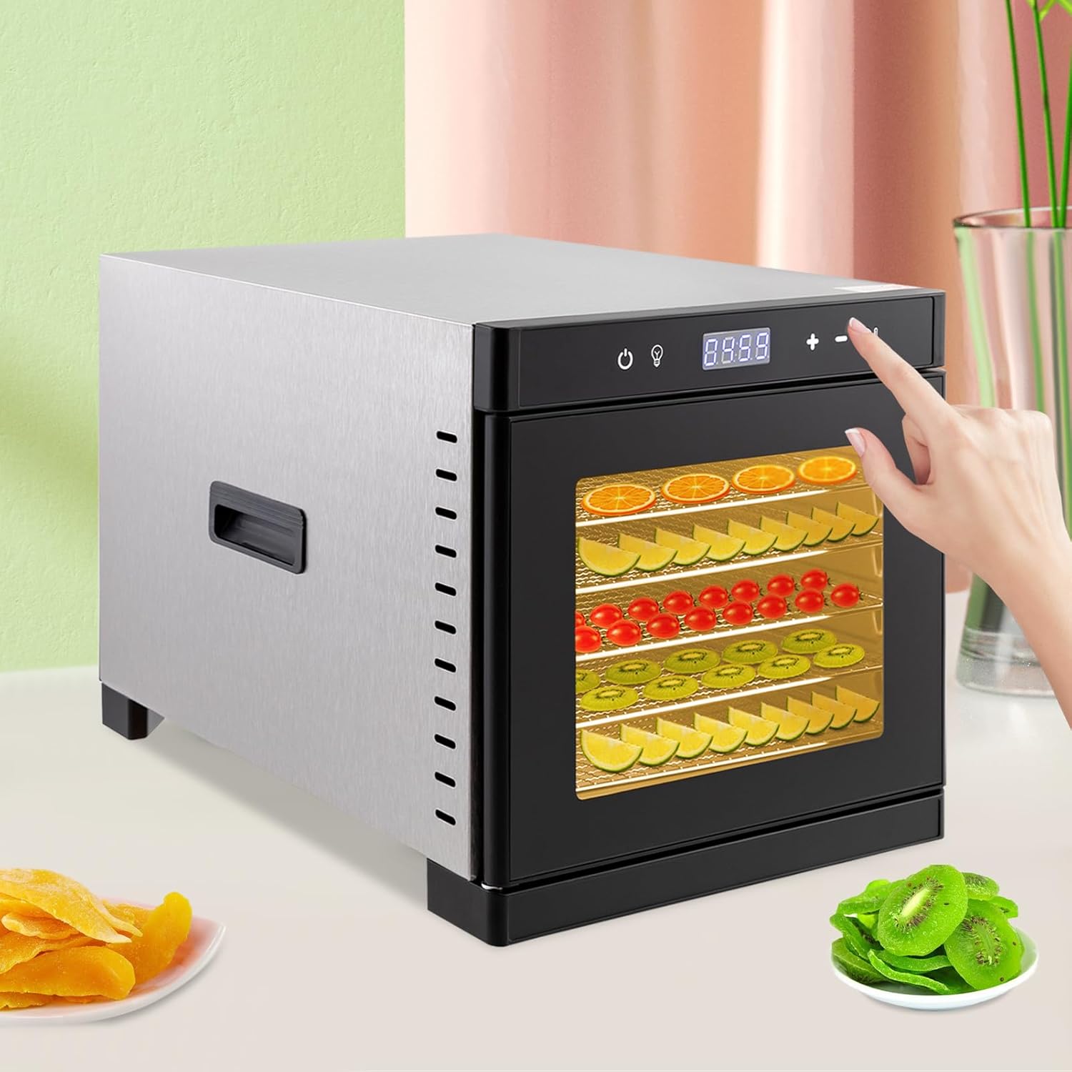 Máquina deshidratadora de alimentos para alimentos y cecina, temporizador digital ajustable de 24 horas, control de temperatura, capacidad de 6