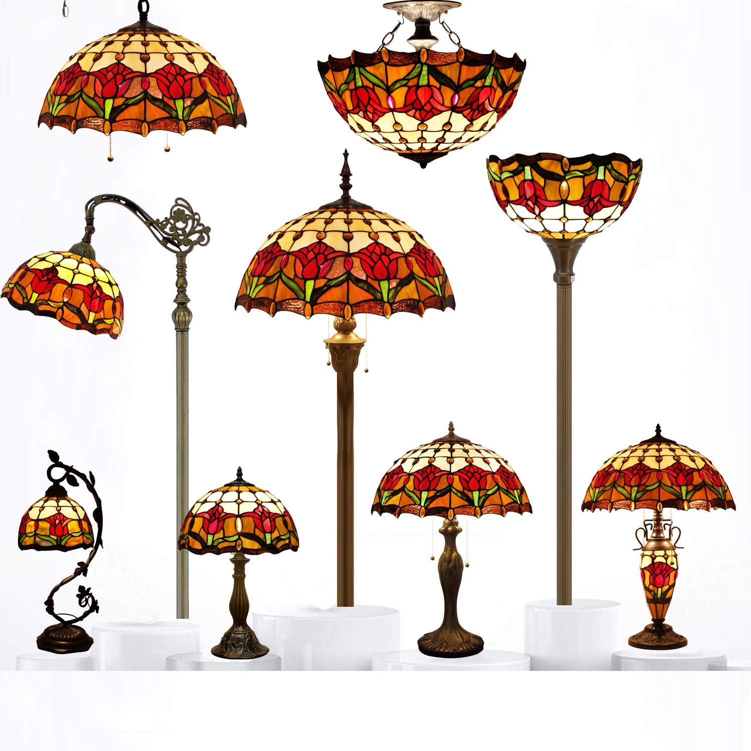 WERFACTORY Tiffany Lámpara de mesa estilo tulipán flor mesita de noche luz de escritorio 12 x 12 x 18 pulgadas decoración dormitorio sala de estar