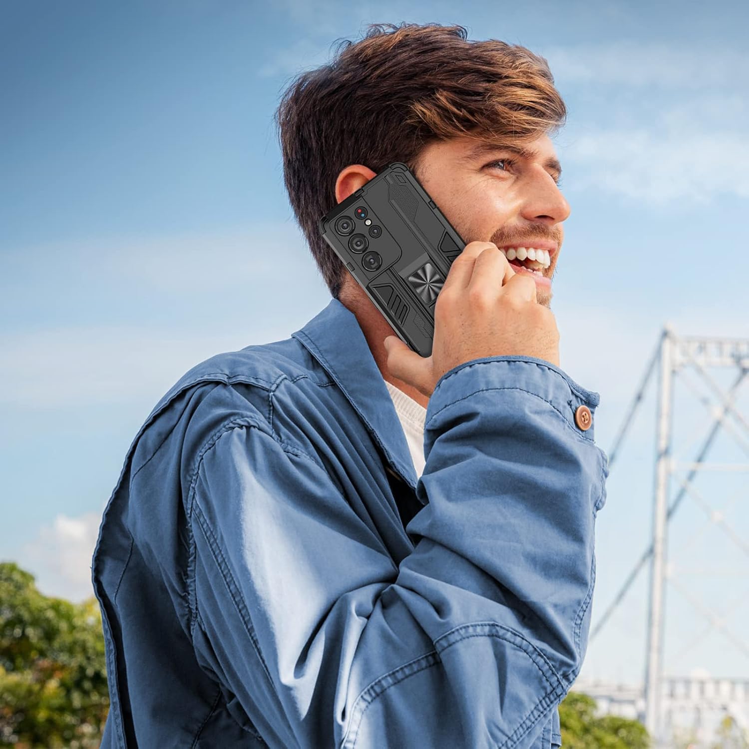 Funda compatible con Samsung Galaxy S21 Ultra 5G, resistente a prueba de golpes con soporte protector Tough Armour – Negro