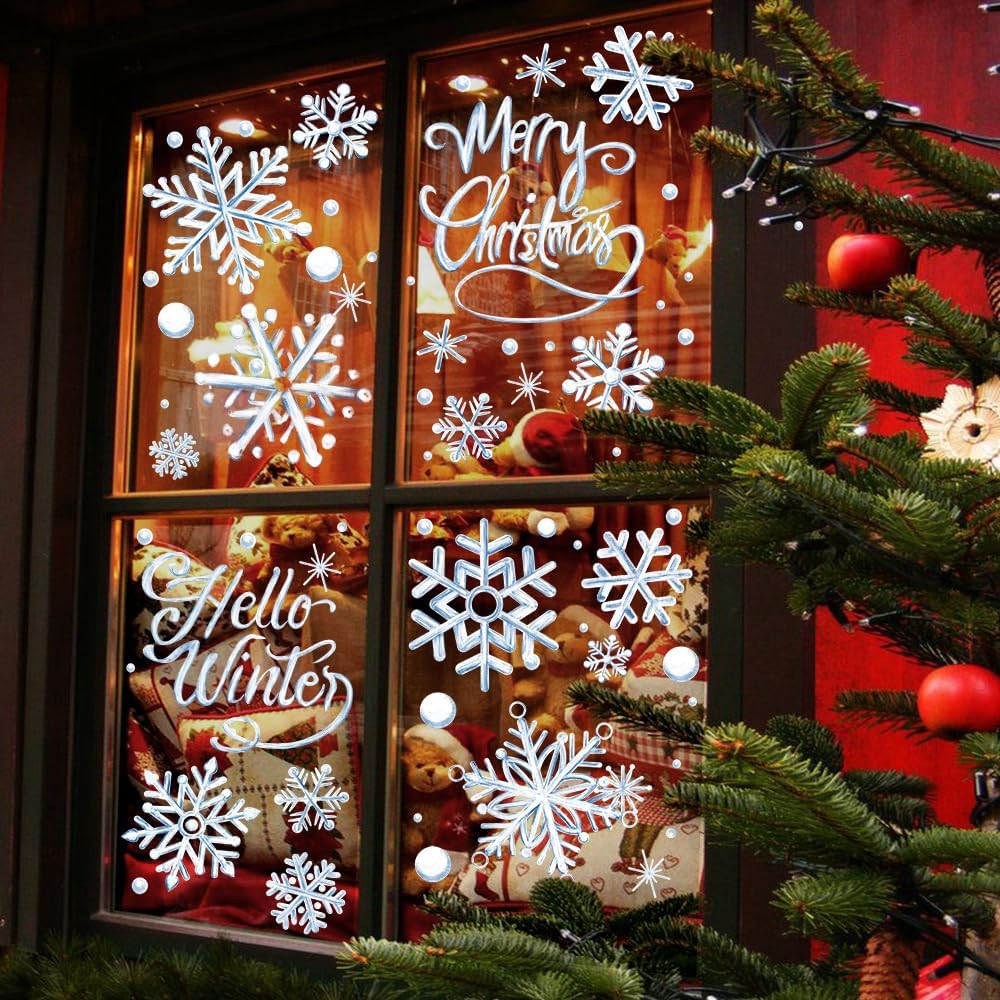 YUJUN 8 hojas de calcomanías de ventana de copos de nieve de invierno, pintura al óleo azul de Navidad, copos de nieve, calcomanías para ventana de