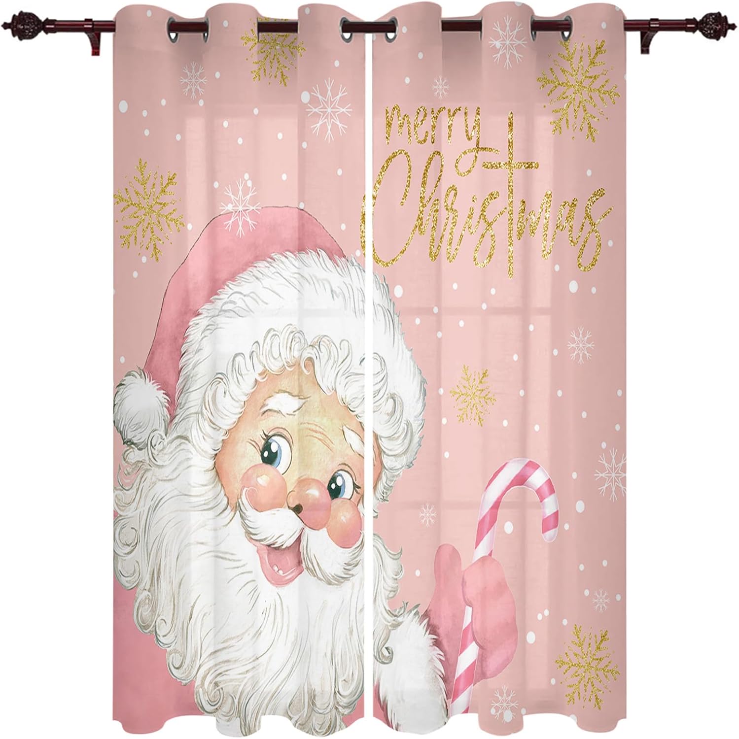 Libaoge Juego de 2 paneles de cortinas de Navidad rosas para sala de estar, bonitas cortinas de ventana de Papá Noel rosa, cortinas de copo de nieve