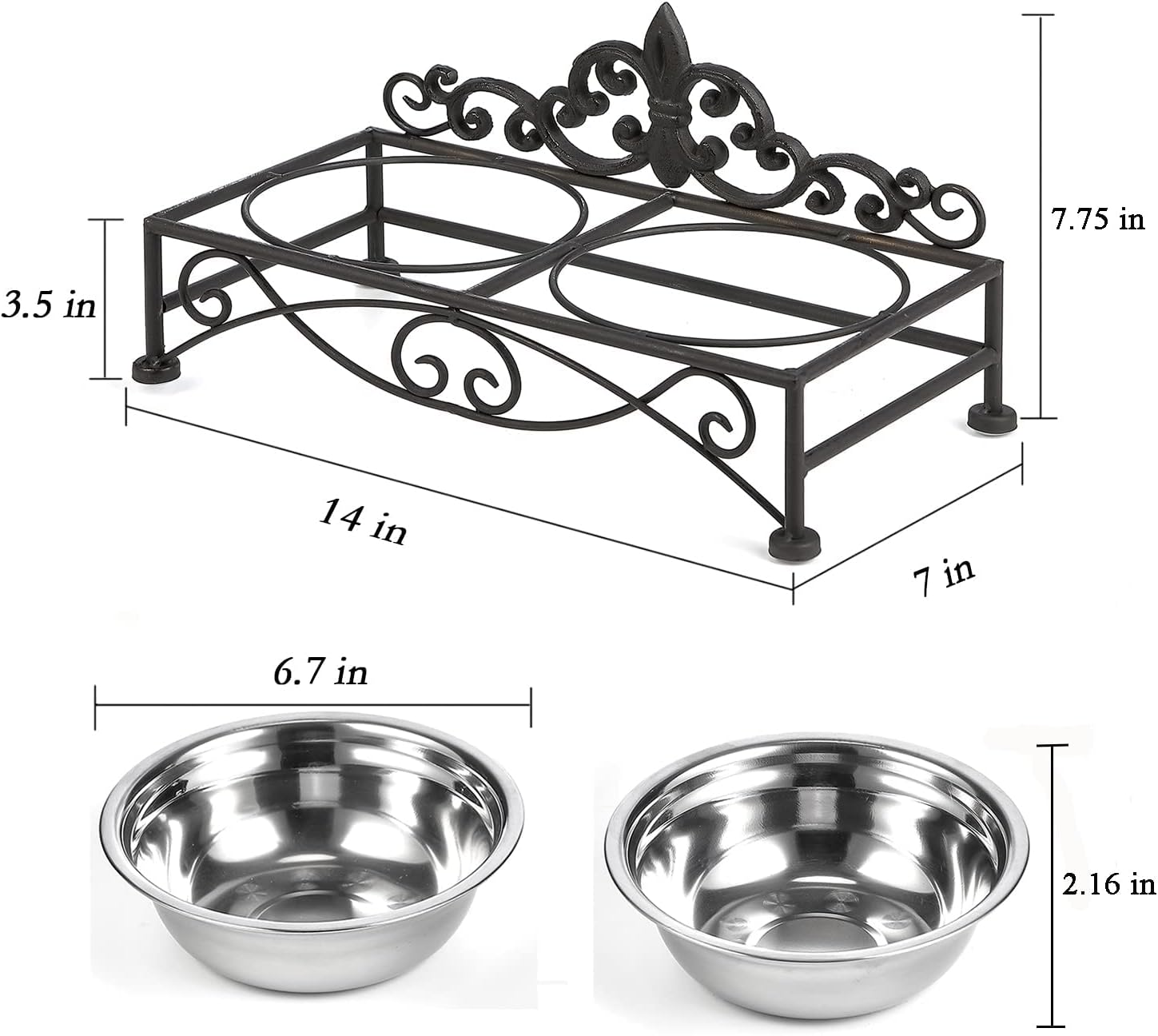 Lechesis Fleur De Lis – Comedero para mascotas para perros pequeños y gatos de acero inoxidable con soporte de hierro (negro)