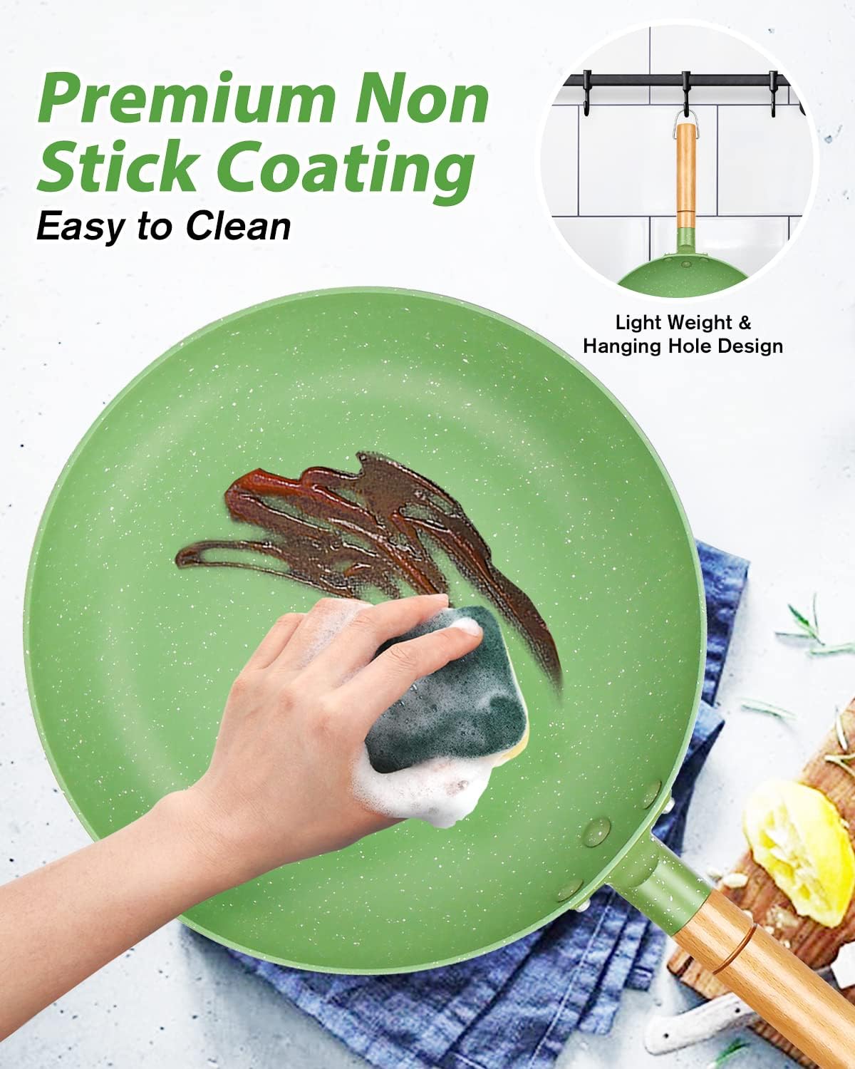 BUNDLEPRO Sartén antiadherente, sartén de revestimiento de granito con mango de madera, utensilios de cocina de aluminio verde compatible con