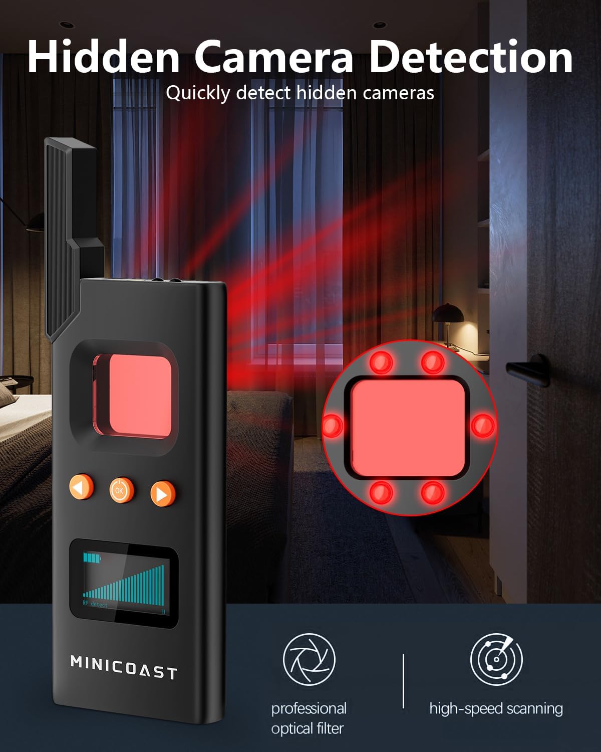 MINICOAST MAX M12 – Detectores de cámara oculta, detector anti espía de alta sensibilidad con alarma antirrobo, 6 modos profesionales, detector de
