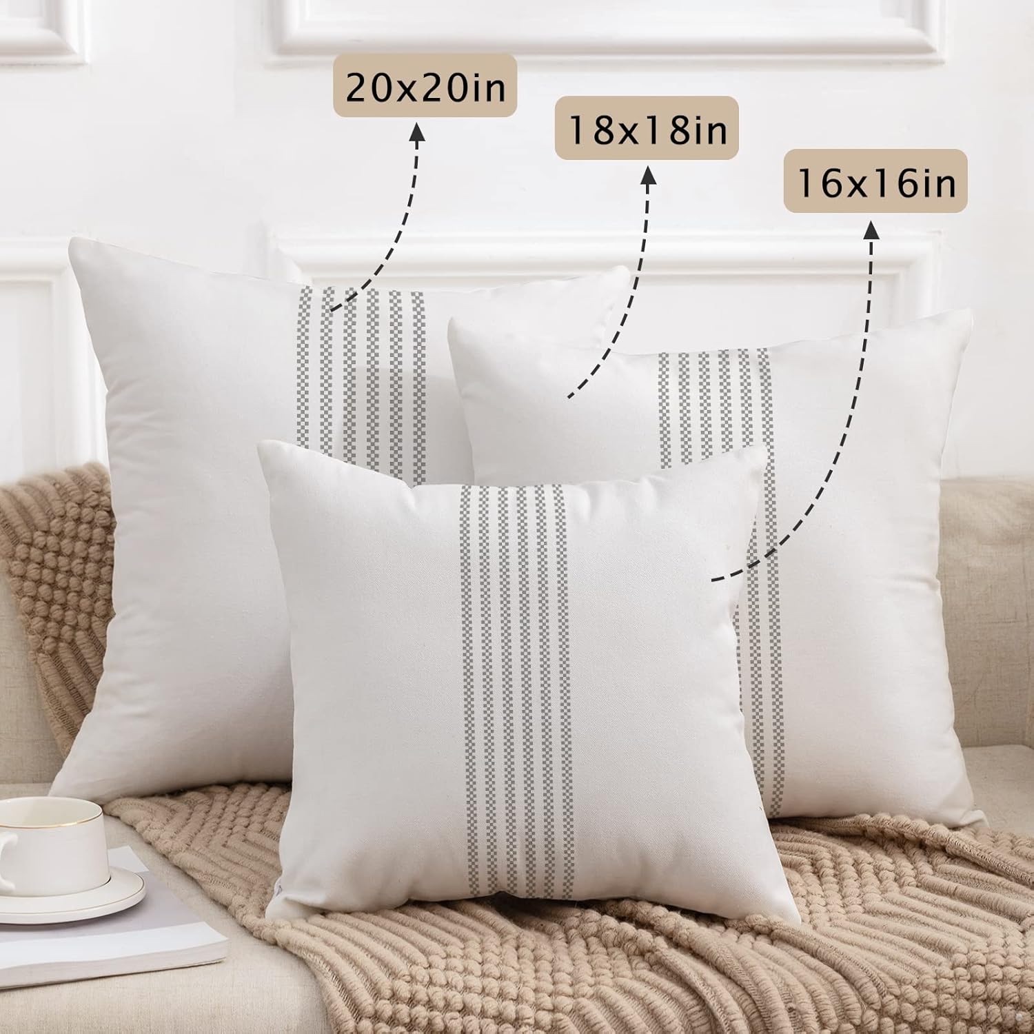 YCOLL Juego de 2 fundas de almohada de 16 x 16 pulgadas, estilo bohemio, de lino a rayas grises, fundas de cojín decorativas para sofá y dormitorio