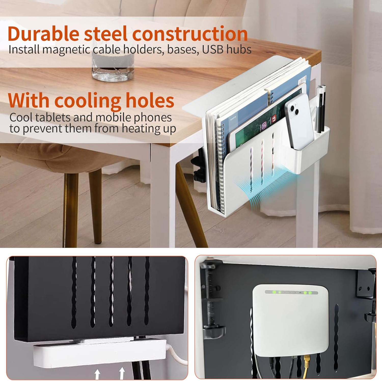 Almacenamiento lateral de escritorio, soporte vertical para laptop debajo del escritorio, organizador de escritorio colgante sin taladros, bandeja