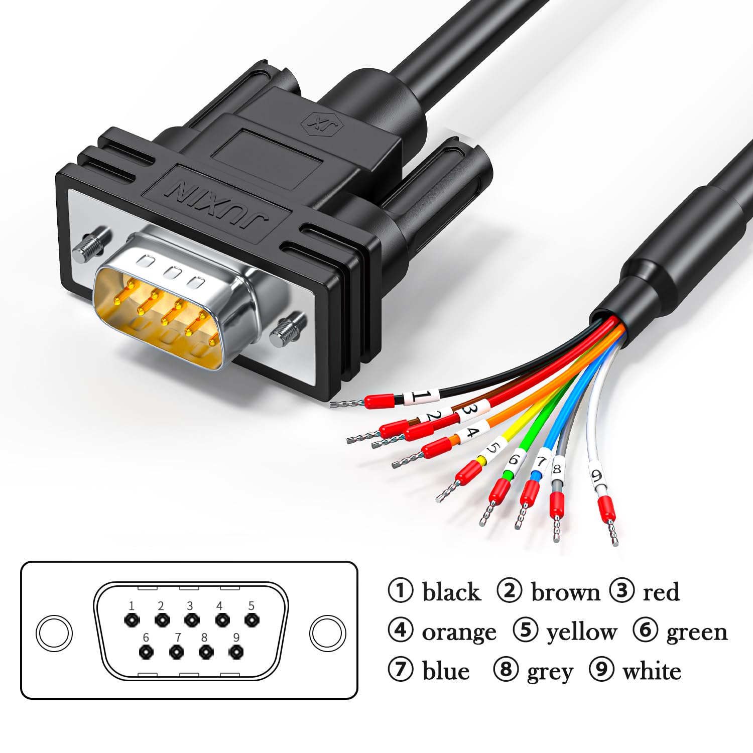 DB9 – Cable serie RS232 de 5 pies, DB9 macho a cable desnudo con marcador de cable, conector D-SUB de 9 pines RS232 a cable de alambre desnudo, 9