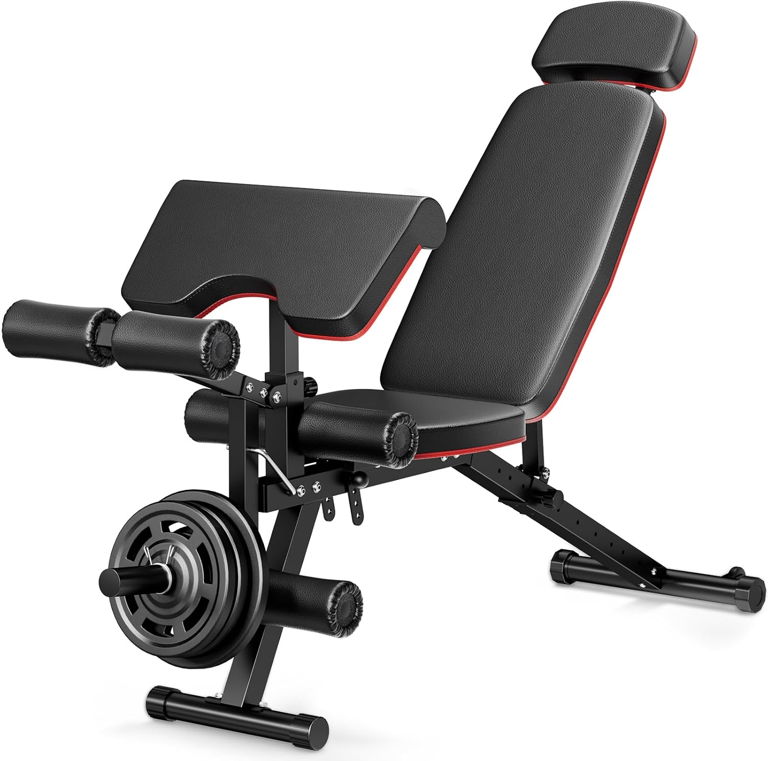 XDDIAS Banco de pesas, banco de entrenamiento para gimnasio en casa con reposacabezas extendido, extensión de piernas y almohadilla de rizo de