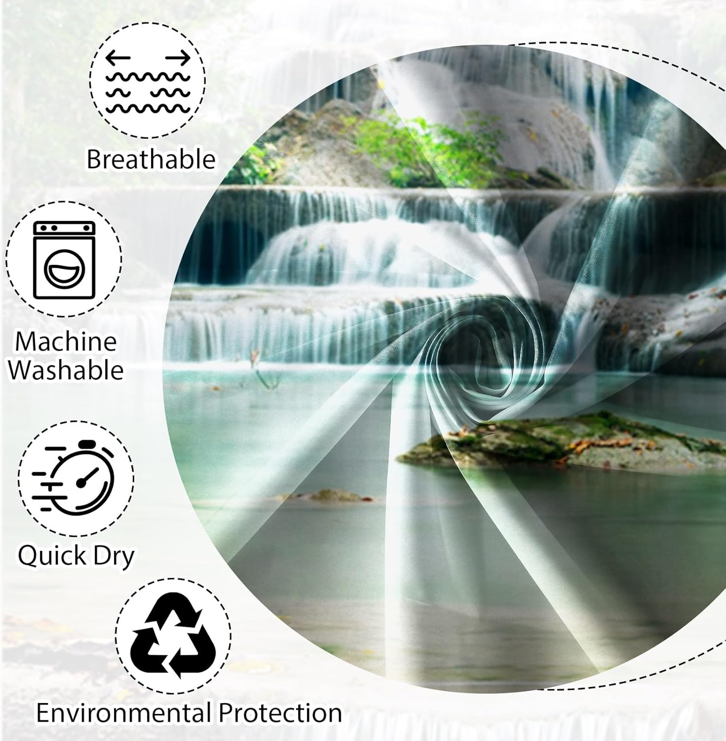 Renaiss Cortina de ducha de cascada de bosque de 72 x 72 pulgadas, diseño de bosque verde, agua, lago, selva tropical, selva, blanco, ventana de